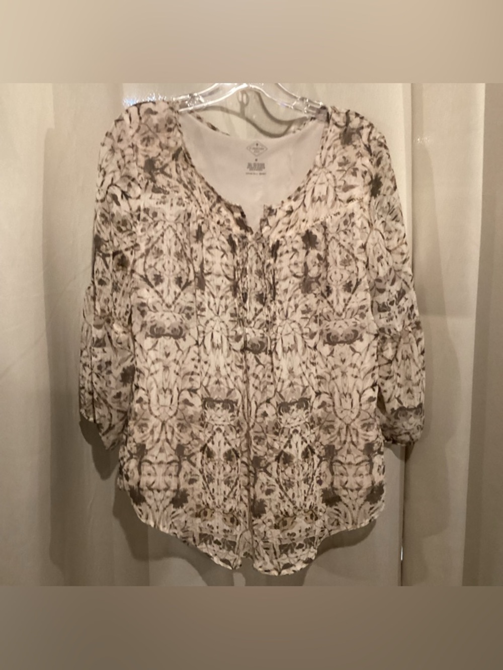 Women's Cream and Taupe Floral Print Blouse, Lined, size M